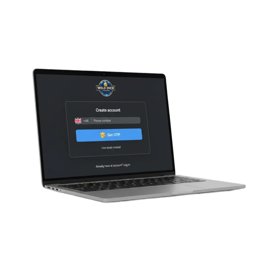 Wild Dice Casino UK registration page with account setup, sports betting and casino access, 200% bonus up to €2000.