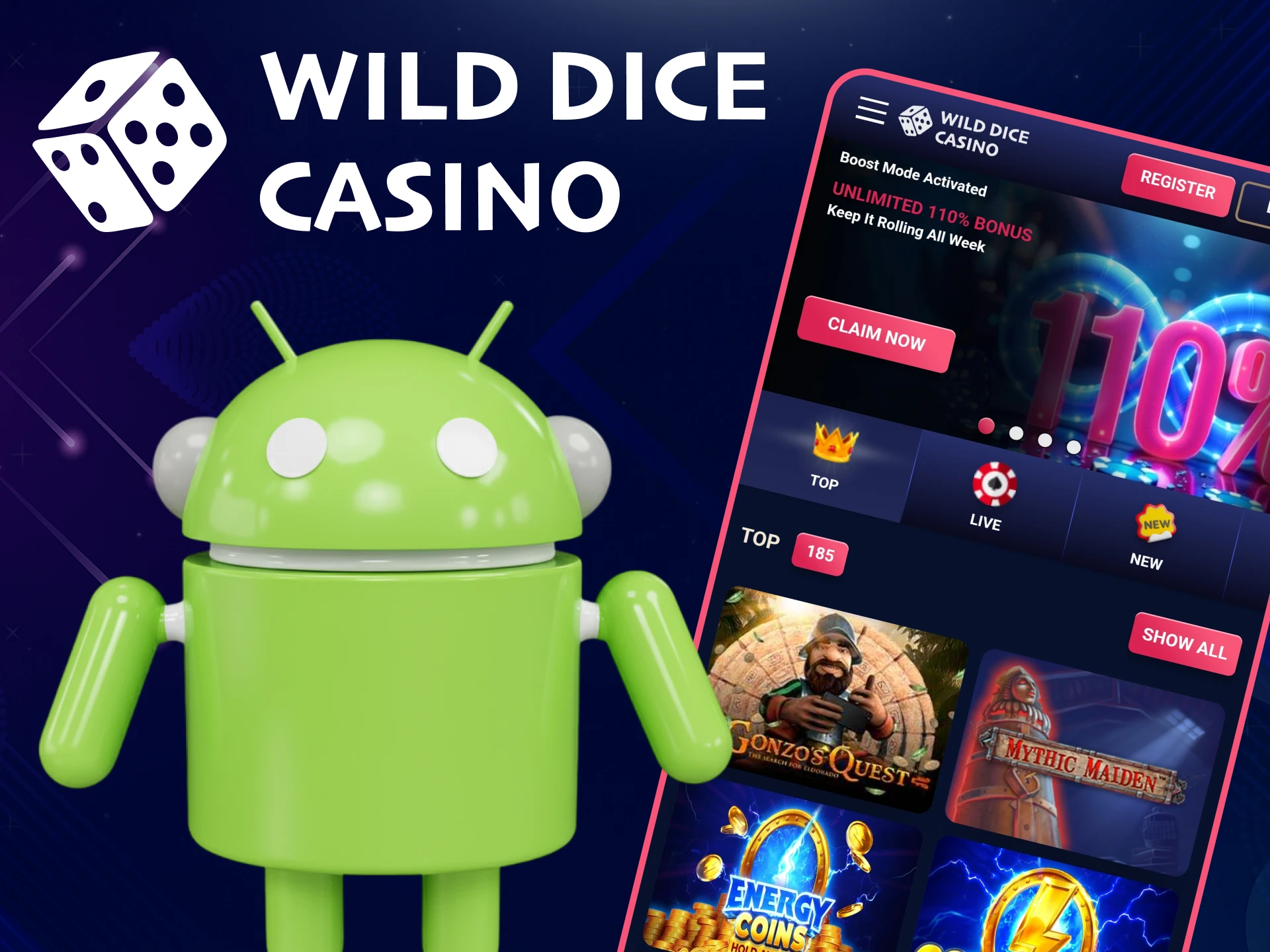 Install the Wild Dice Casino app for Android and play casino games.