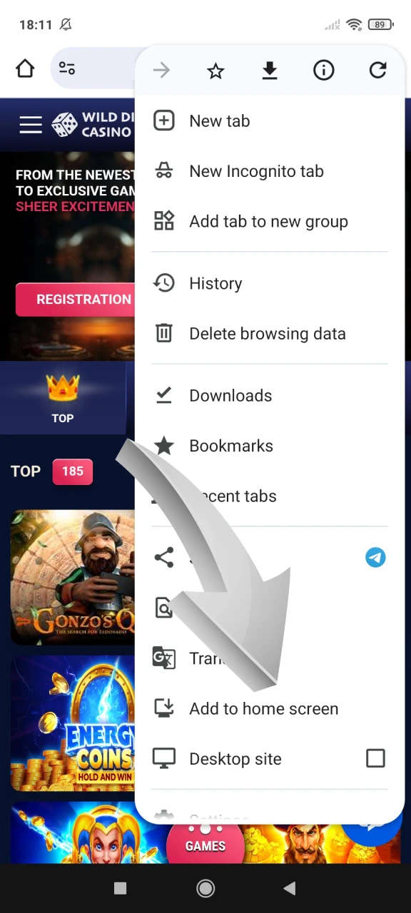 In the menu, add the Wild Dice Casino app to the home screen of your Android device.