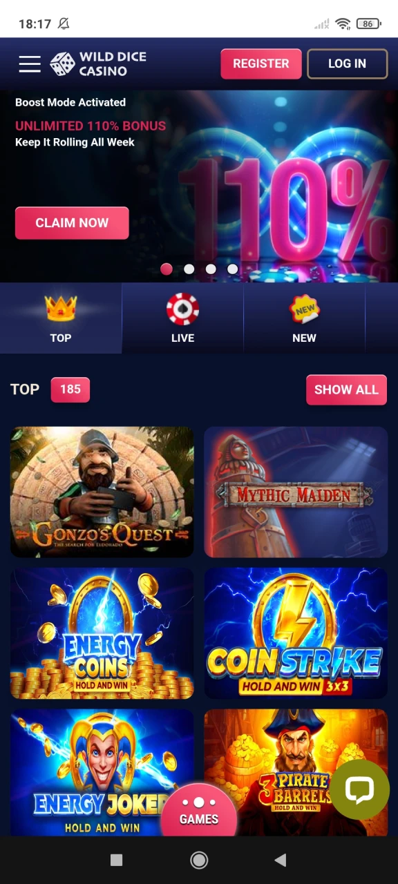 Visit the Wild Dice Casino homepage to download and play Aviator on Android.