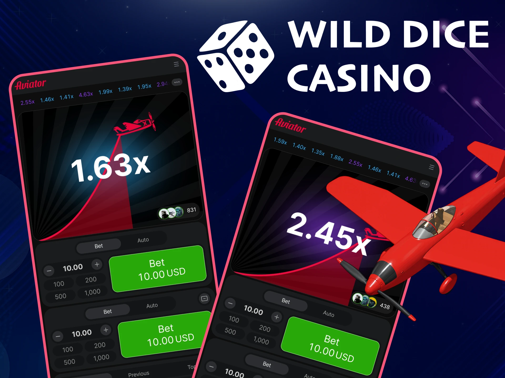 Play Aviator in the Wild Dice Casino app.