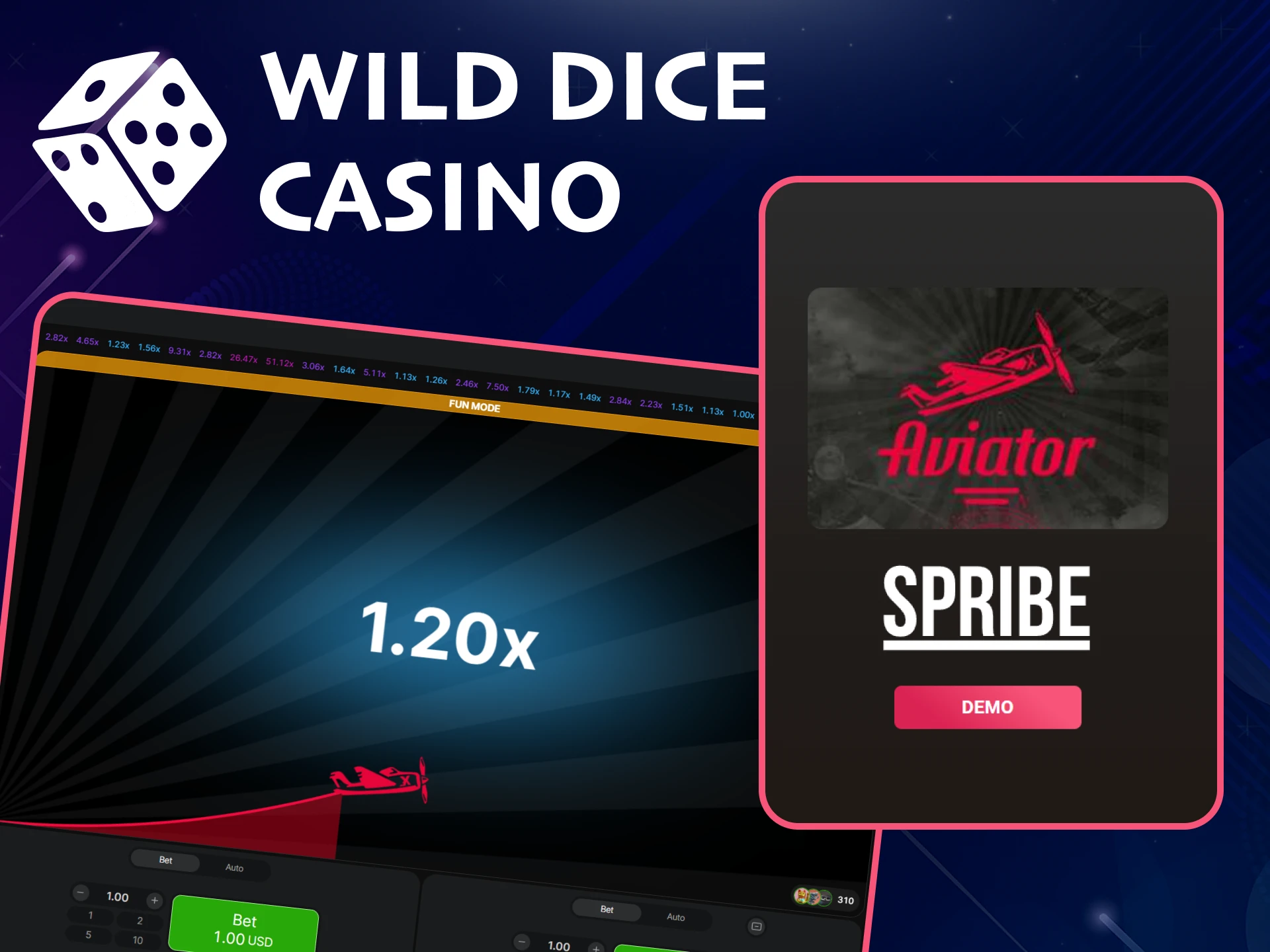 Practice with the demo version of the Aviator game from Wild Dice Casino.