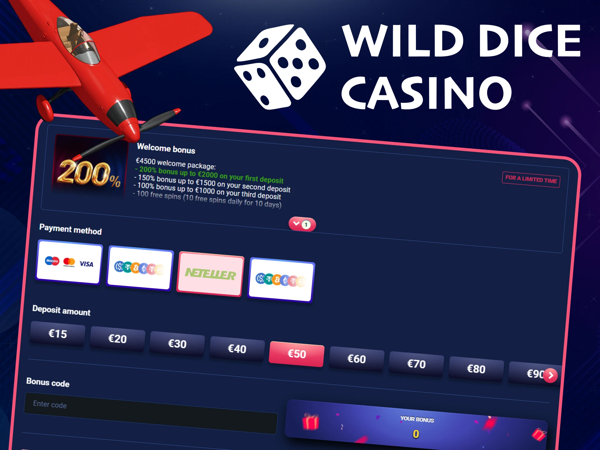 To play Aviator, top up your deposit at Wild Dice Casino.