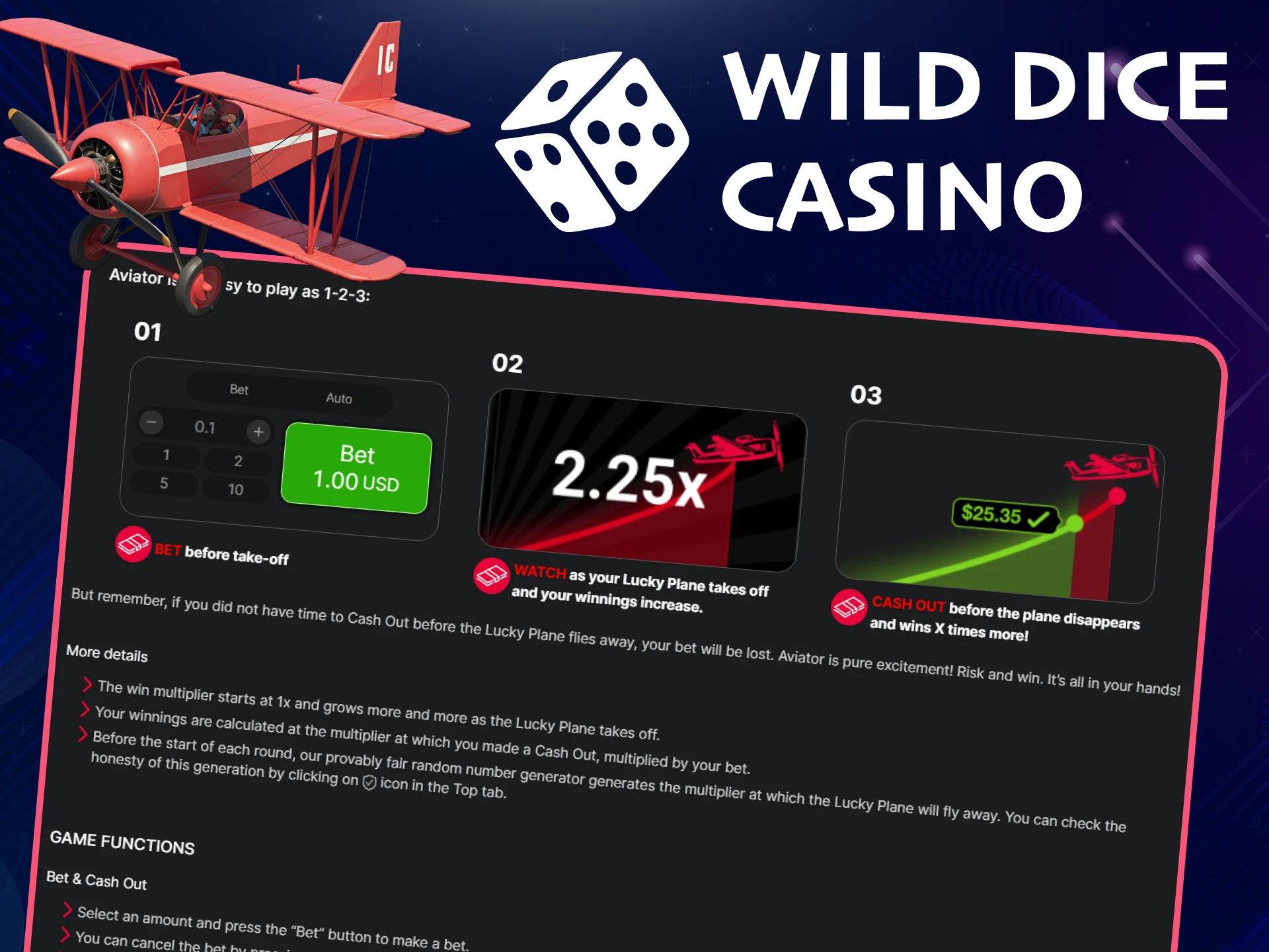 Learn the rules of the Aviator game at Wild Dice Casino.