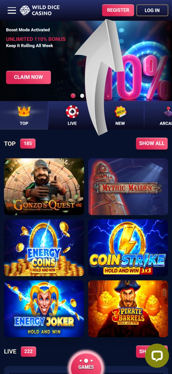 Click the registration button to play Aviator at Wild Dice Casino.