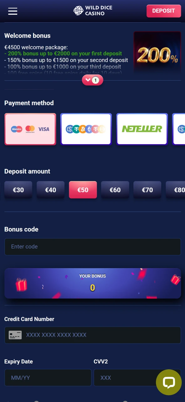 Make a deposit to receive a bonus at Wild Dice Casino.