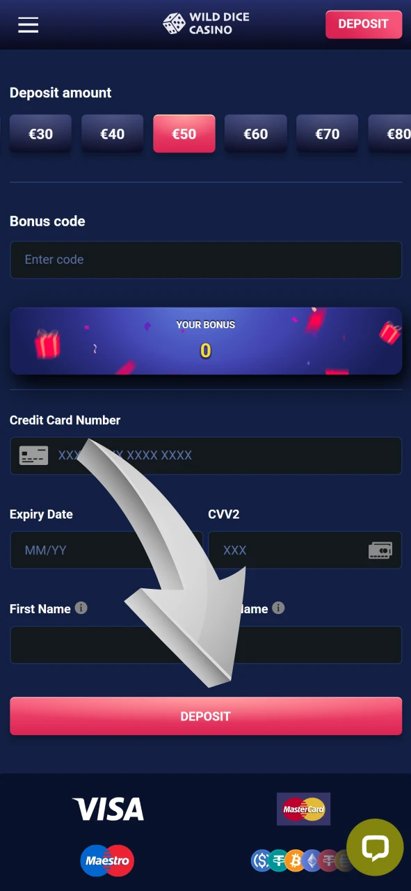 Complete your deposit at Wild Dice Casino.