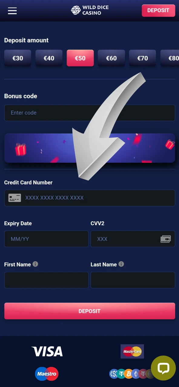 Fill in your details to make a deposit at Wild Dice Casino.