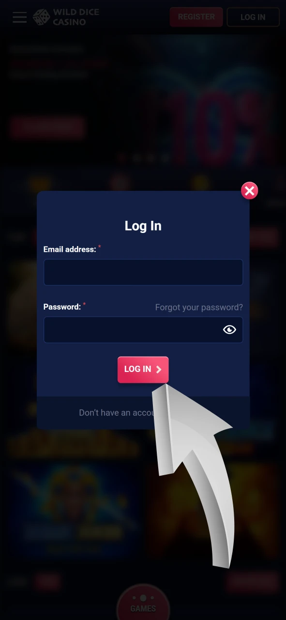 Log in to your personal account to top up your deposit at Wild Dice Casino.