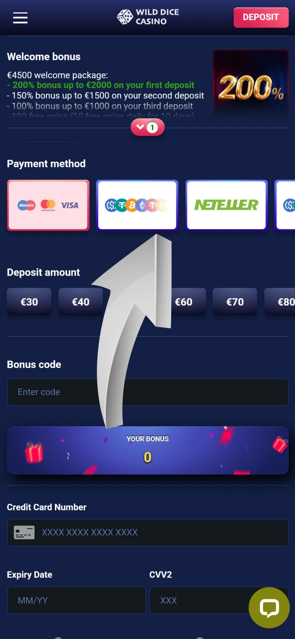 Select a deposit method from those provided by Wild Dice Casino.