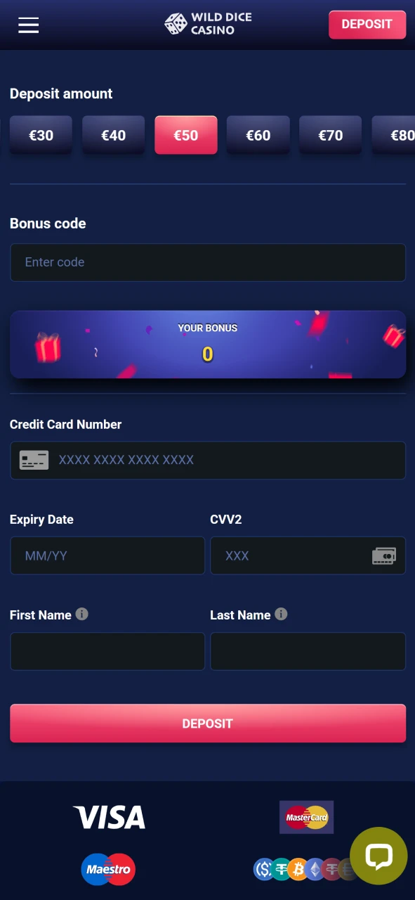 Make a deposit to play at Wild Dice Casino.