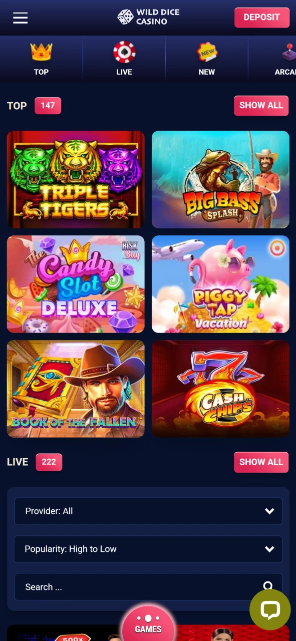 Choose from a variety of games at Wild Dice Casino.