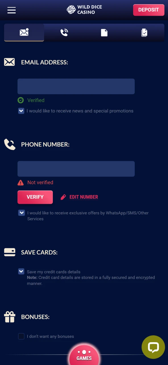 Complete verification to start playing at Wild Dice Casino.