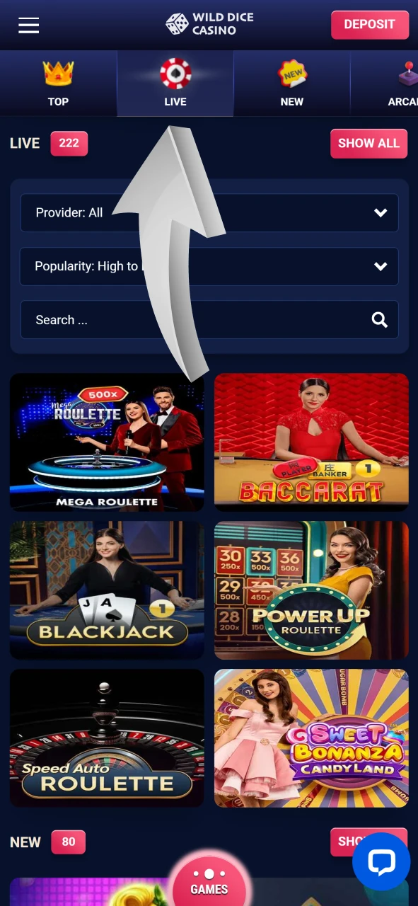 Go to the live casino section at Wild Dice Casino.