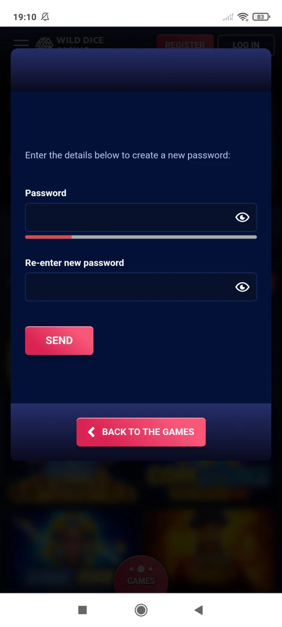 Now create a new password for Wild Dice Casino.