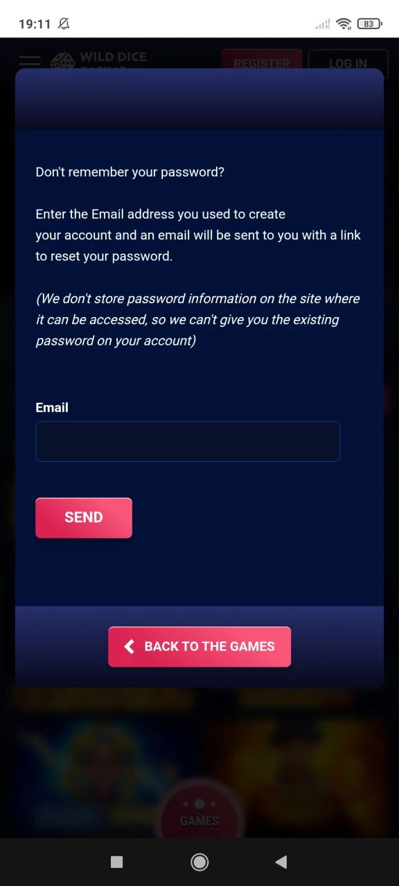 Enter the details where Wild Dice Casino will send the password recovery confirmation.