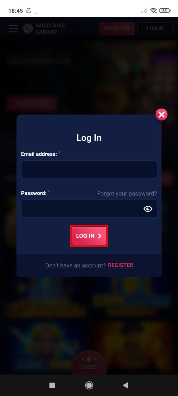 Complete your Wild Dice Casino account login.