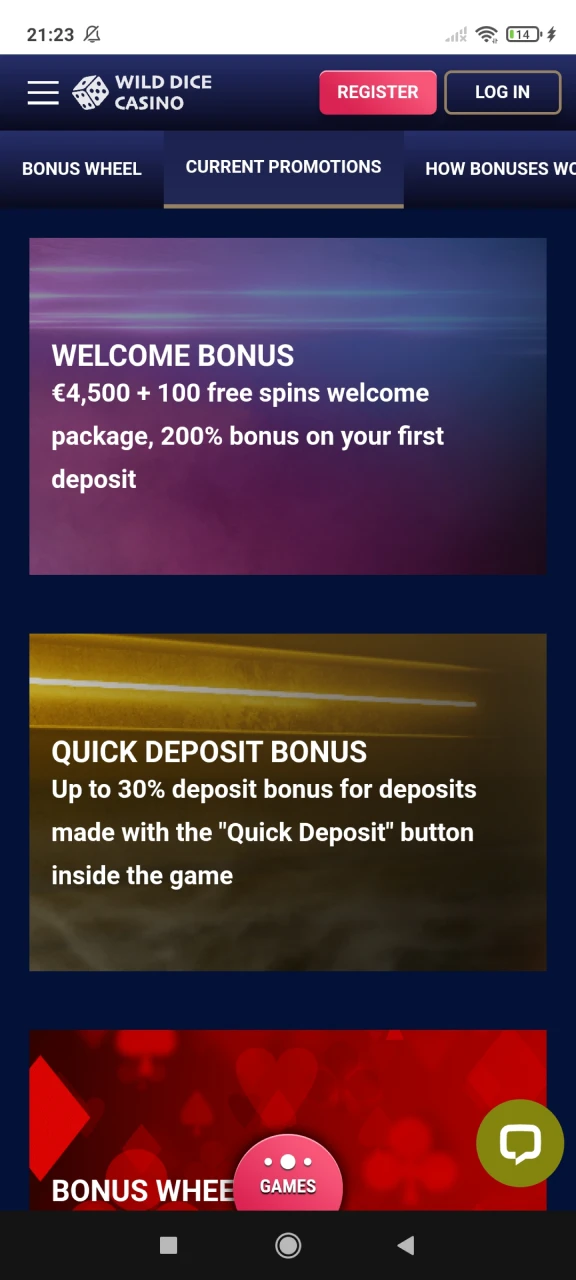 Choose a bonus for slot games at Wild Dice Casino.