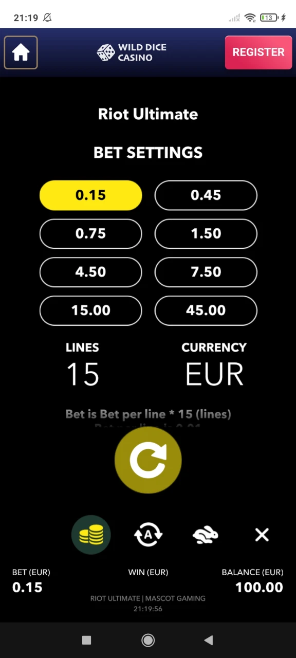 Adjust your bet in slot games at Wild DIce Casino.