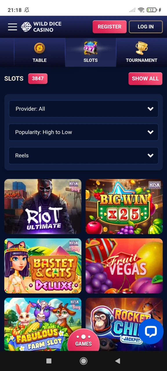 Choose one of the slot games at Wild Dice Casino.