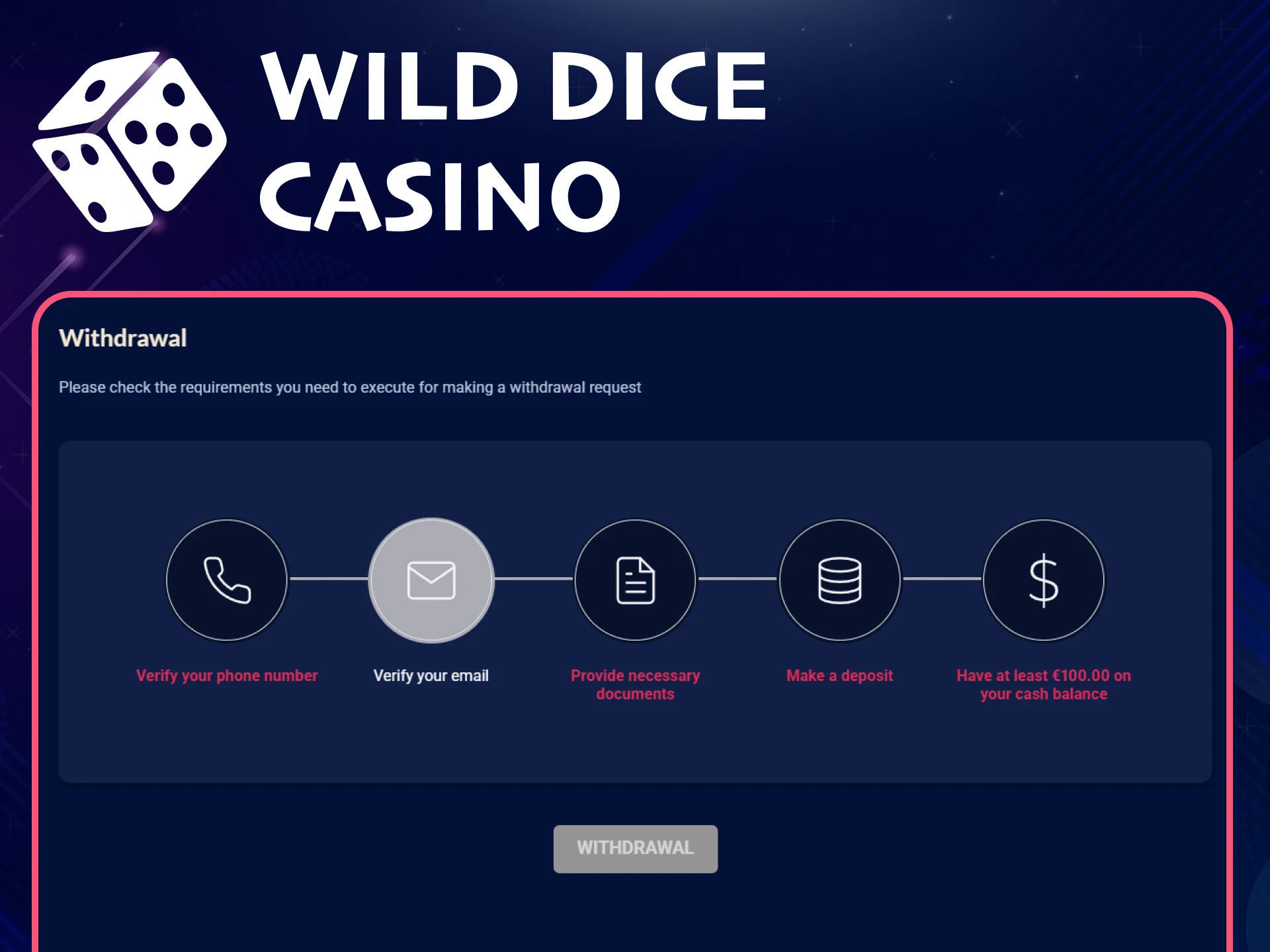 Review the terms and conditions for withdrawals at Wild Dice Casino.