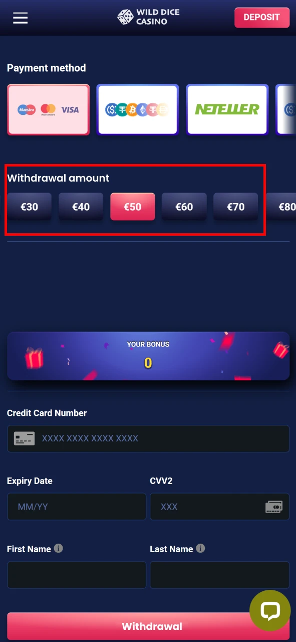 Enter the withdrawal amount at Wild Dice Casino.