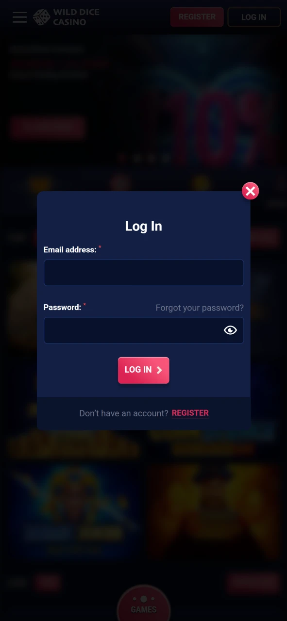 Log in to your Wild Dice Casino account to withdraw funds.
