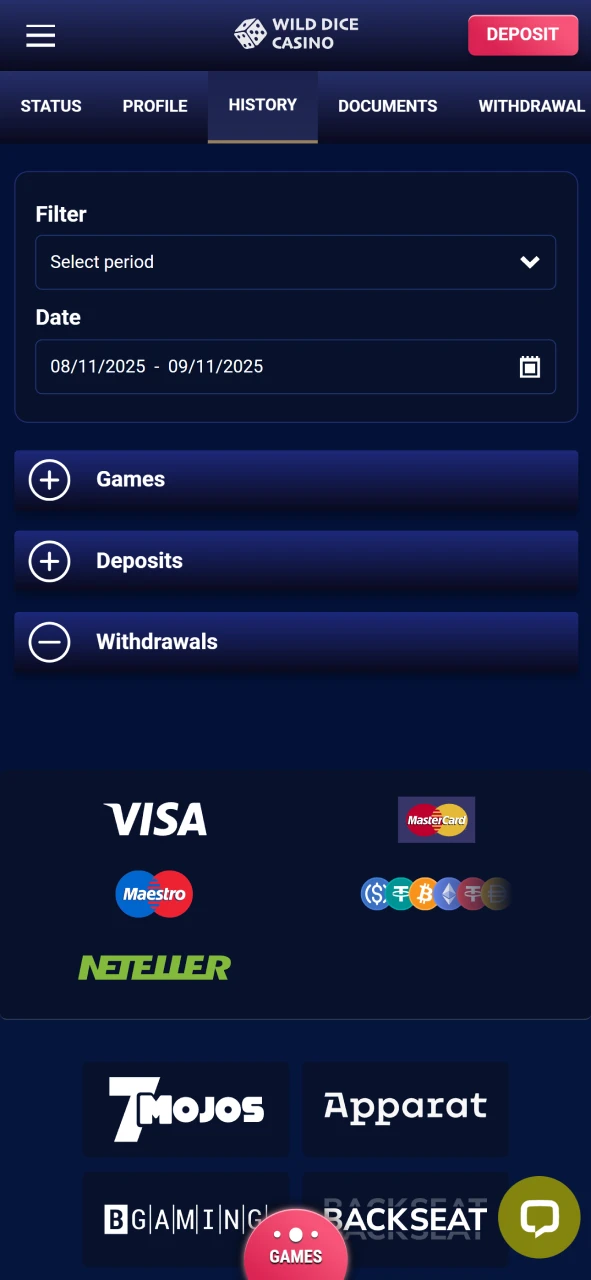 View withdrawal status at Wild Dice Casino.