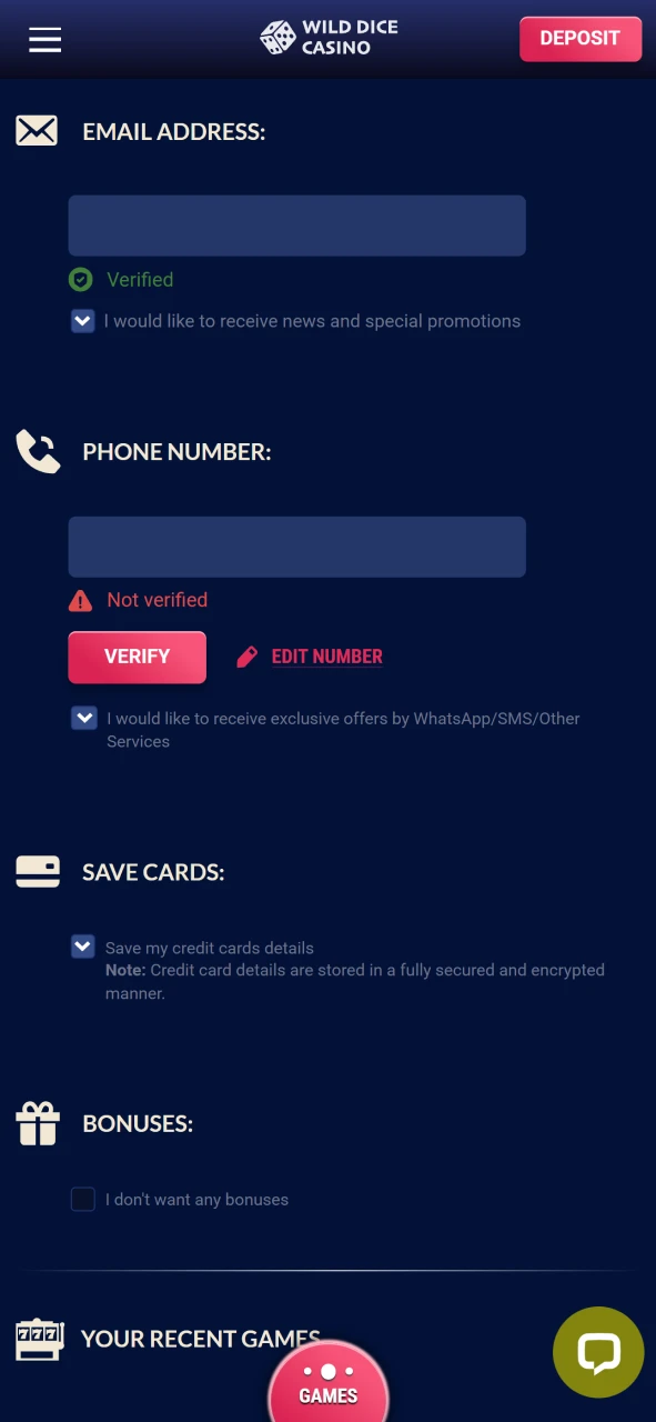Complete the required verification to withdraw funds at Wild Dice Casino.